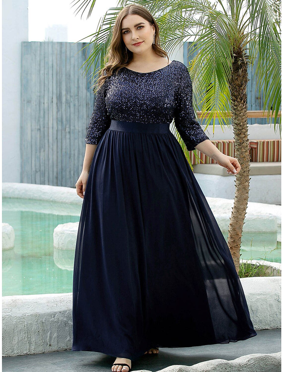 wholesale  A-Line Mother of the Bride Dress Wedding Guest Plus Size Elegant Jewel Neck Floor Length Tulle Sequined 3/4 Length Sleeve with Sequin Fall