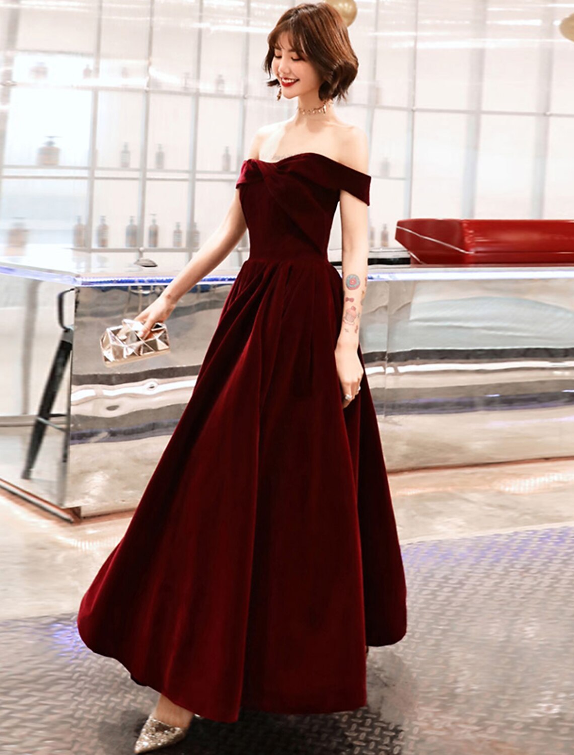 wholesale   A-Line Evening Gown Elegant Dress Wedding Guest Ankle Length Short Sleeve Off Shoulder Velvet with Sleek