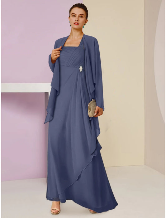 Wholesa  A-Line Mother of the Bride Dress Wedding Guest Elegant Square Neck Ankle Length Chiffon Long Sleeve with Crystal Brooch Ruching