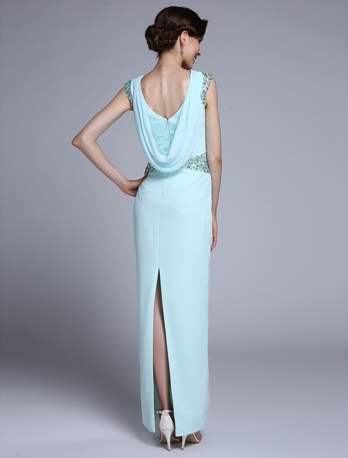 wholesale Sheath / Column Mother of the Bride Dress Elegant Bateau Neck Ankle Length Chiffon Sleeveless No with Crystals