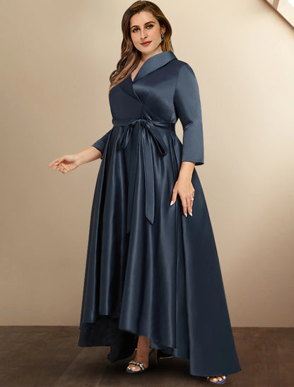 Wholesa A-Line Mother of the Bride Dresses Plus Size Hide Belly Curve High Low Dress Formal Asymmetrical 3/4 Length Sleeve Shirt Collar Satin with Bow(s) Pleats