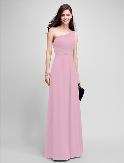 Wholesa Sheath / Column Empire Dress Wedding Guest Formal Evening Floor Length Sleeveless One Shoulder Bridesmaid Dress Chiffon with Ruched Beading