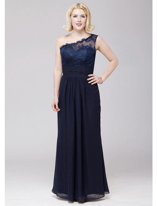 wholesale  A-Line Bridesmaid Dress One Shoulder Sleeveless Elegant Floor Length Chiffon / Lace with Lace / Sash / Ribbon