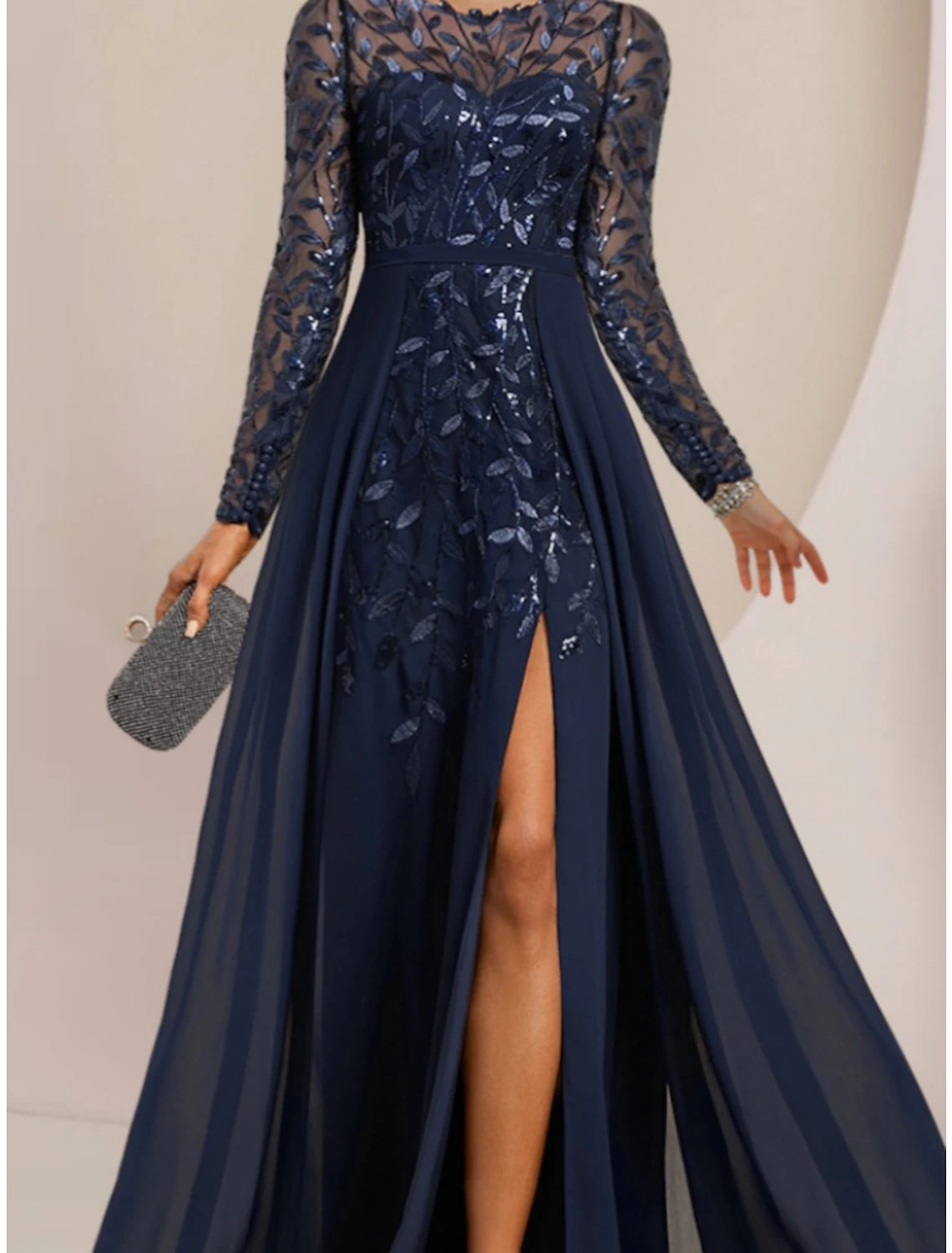 Wholesa A-Line Mother of the Bride Dress Wedding Guest Elegant Jewel Neck Floor Length Chiffon Lace Sequined Long Sleeve with Split Front Ruching Solid Color