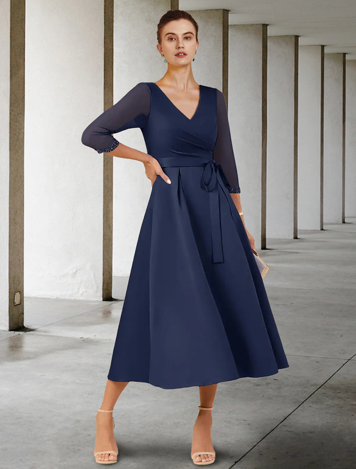 Wholesa  A-Line Mother of the Bride Dress Wedding Guest Elegant Petite V Neck Tea Length Stretch Chiffon 3/4 Length Sleeve with Bow(s) Crystals Ruching