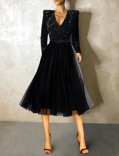 wholesale Ball Gown A-Line Cocktail Dresses Sparkle & Shine Dress Evening Party Tea Length Long Sleeve Jewel Neck Fall Wedding Guest Tulle with Sequin