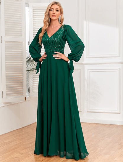 Wholesa A-Line Evening Gown Empire Dress Evening Party Wedding Reception Floor Length Long Sleeve V Neck Fall Wedding Guest Chiffon V Back with Sequin