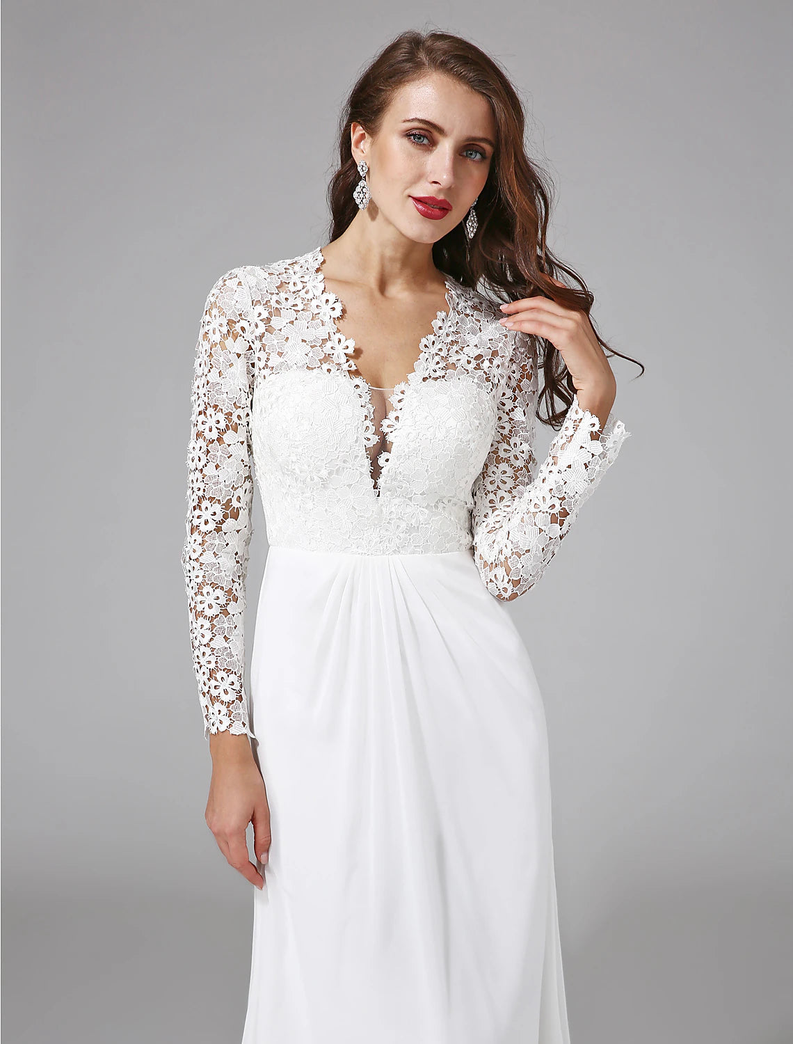 Wholesale Beach Royal Style Boho Wedding Dresses Sheath / Column Illusion Neck Long Sleeve Sweep / Brush Train Chiffon Bridal Gowns With Lace Button 2023 Summer Wedding Party