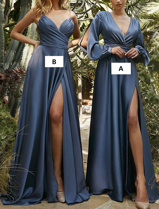 Wholesa A-Line Bridesmaid Dress V Neck Long Sleeve Blue Floor Length Chiffon with Split Front / Ruching