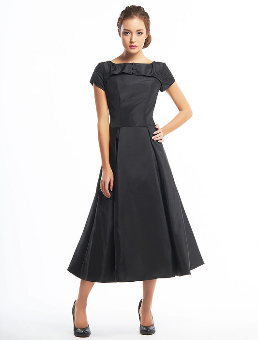 wholesale A-Line Vintage Dress Homecoming Tea Length Short Sleeve Boat Neck Taffeta with Buttons