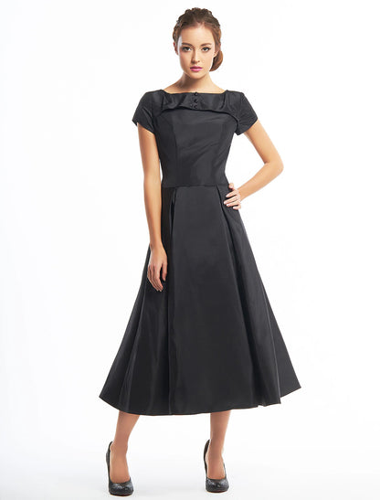 Wholesa A-Line Black Dress Vintage Homecoming Wedding Guest Tea Length Short Sleeve Boat Neck Taffeta with Buttons