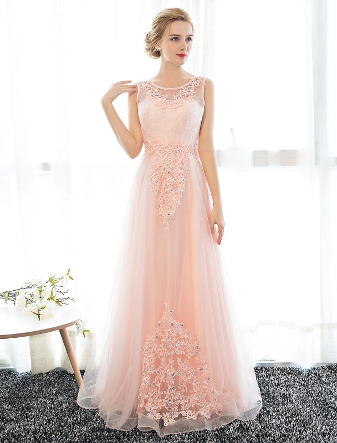 Wholesale Sheath / Column Dress Wedding Guest Floor Length Sleeveless Illusion Neck Satin with Crystals Appliques