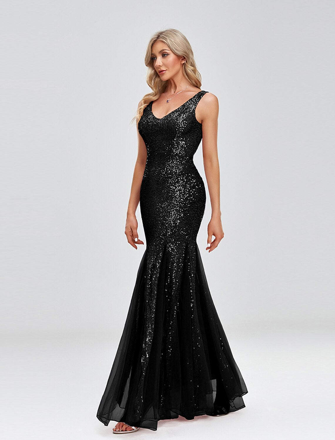 Wholesa Mermaid / Trumpet Evening Gown Sparkle Dress Wedding Guest Formal Evening Floor Length Sleeveless V Neck Tulle V Back with Sequin Splicing