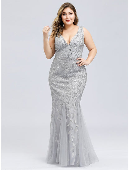 Wholesa  Mermaid / Trumpet Plus Size Sexy Prom Formal Evening Dress V Neck Sleeveless Floor Length Tulle with Appliques