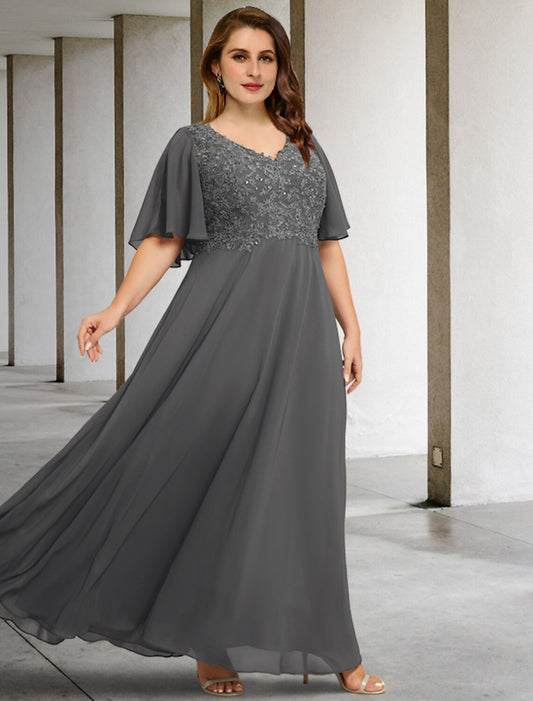 Wholesa A-Line Mother of the Bride Dresses Plus Size Hide Belly Curve Elegant Dress Formal Floor Length Short Sleeve V Neck Chiffon with Pleats Appliques