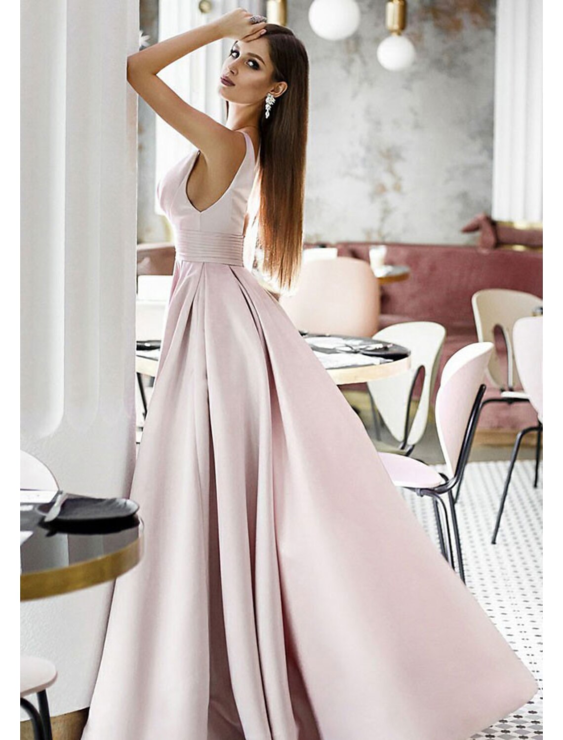 Wholesale A-Line Elegant Engagement Formal Evening Dress V Neck Sleeveless Sweep / Brush Train Satin with Pleats