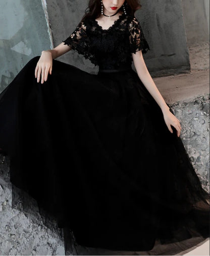 Black Lace and Tulle Long A-line Simple Evening Dress Formal Dress Prom Dress Elegant Evening Dress Wholesale