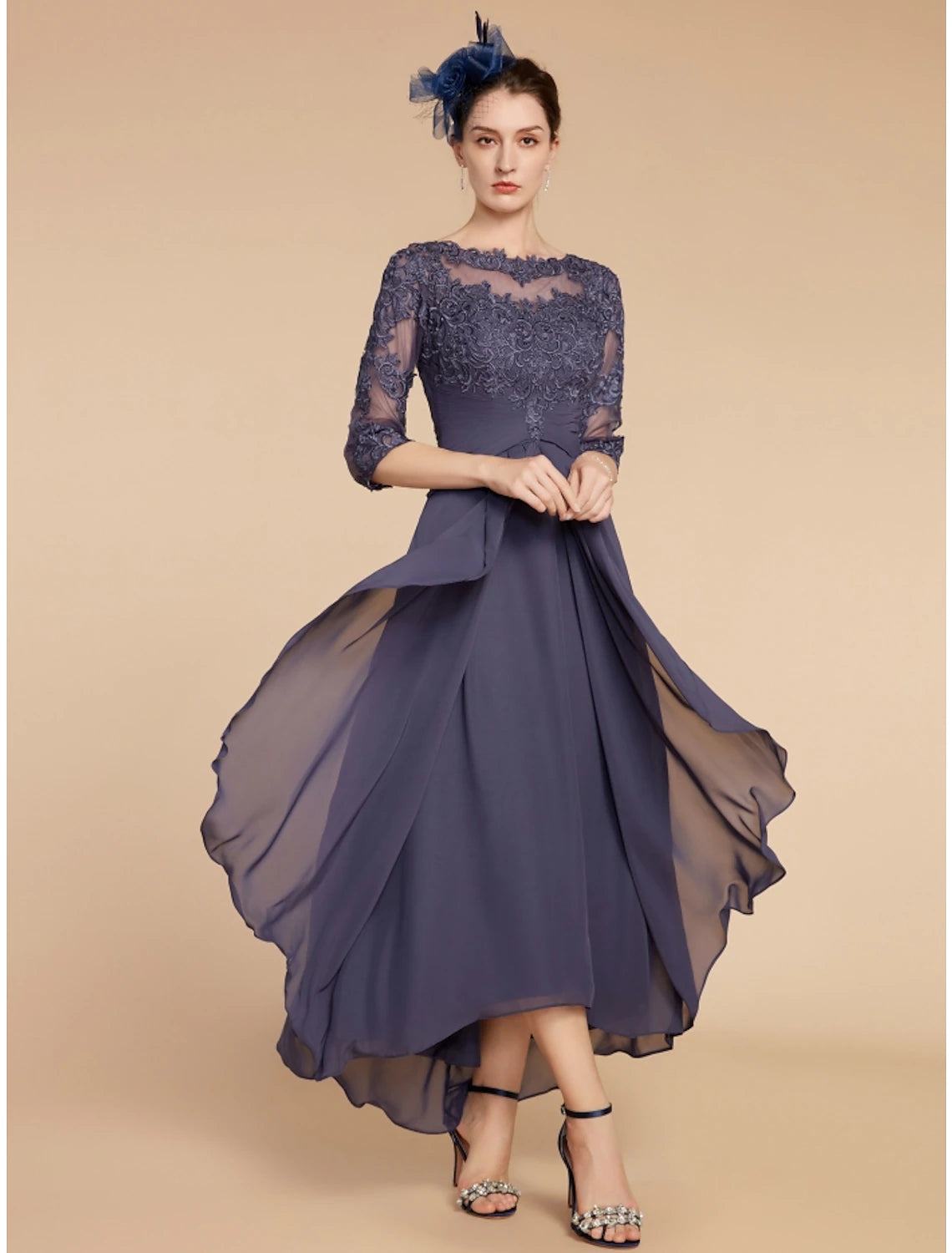 Wholesa A-Line Mother of the Bride Dress Wedding Guest Elegant Scoop Neck Ankle Length Chiffon Lace 3/4 Length Sleeve with Ruching Solid Color