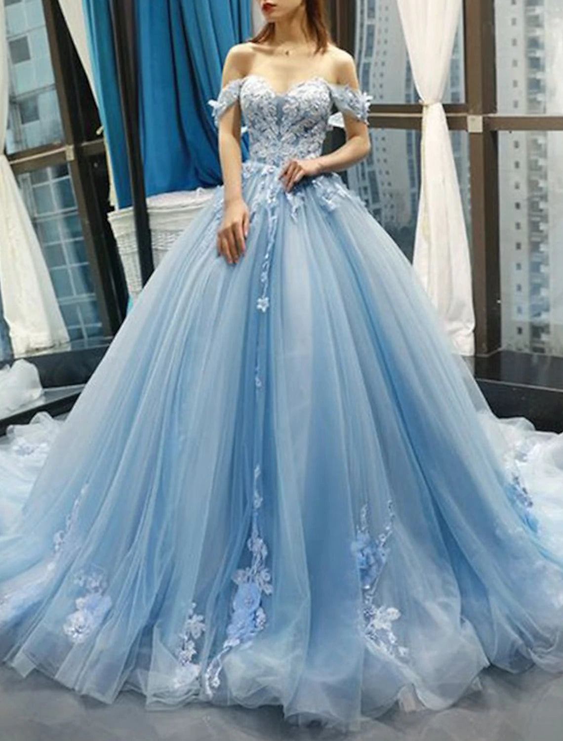 Wholesa Ball Gown Prom Dresses Floral Dress Wedding Quinceanera Court Train Short Sleeve Sweetheart Lace with Pleats Appliques