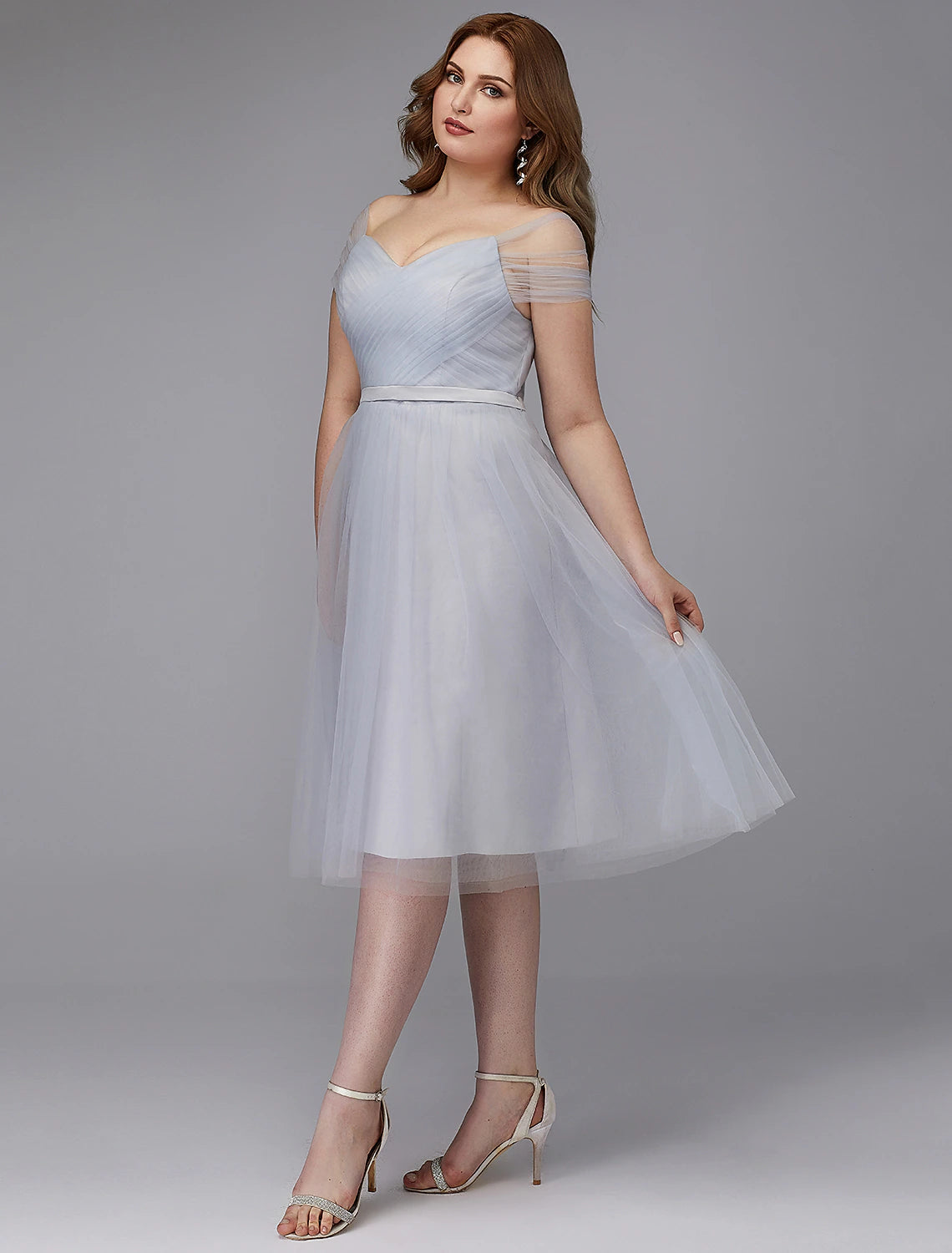 wholesale  A-Line Elegant Dress Wedding Guest Tea Length Short Sleeve Off Shoulder Tulle with Sash / Ribbon Criss Cross