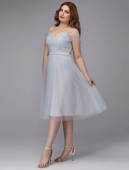 wholesale  A-Line Elegant Dress Wedding Guest Tea Length Short Sleeve Off Shoulder Tulle with Sash / Ribbon Criss Cross