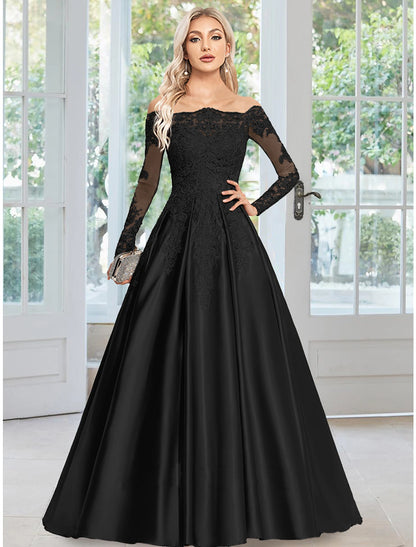 Wholesa A-Line Evening Gown Floral Dress Formal Wedding Guest Court Train Long Sleeve Off Shoulder Satin with Appliques