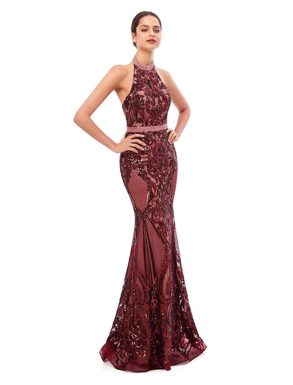 Wholesa Mermaid / Trumpet Evening Gown Beautiful Back Dress Prom Formal Evening Floor Length Sleeveless Halter Neck Sequined with Sequin