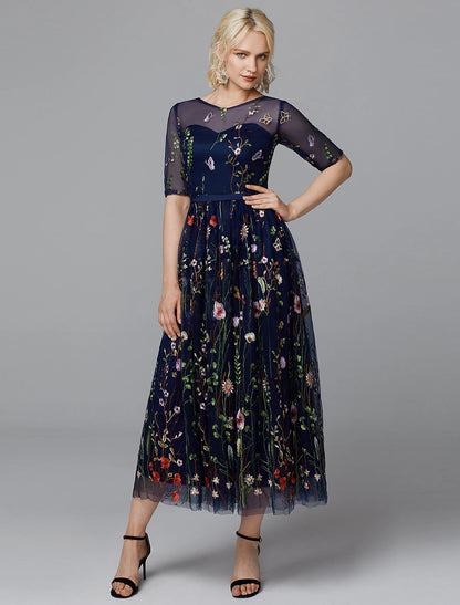 Wholesale A-Line Floral Dress Holiday Tea Length Half Sleeve Illusion Neck Lace with Embroidery Appliques