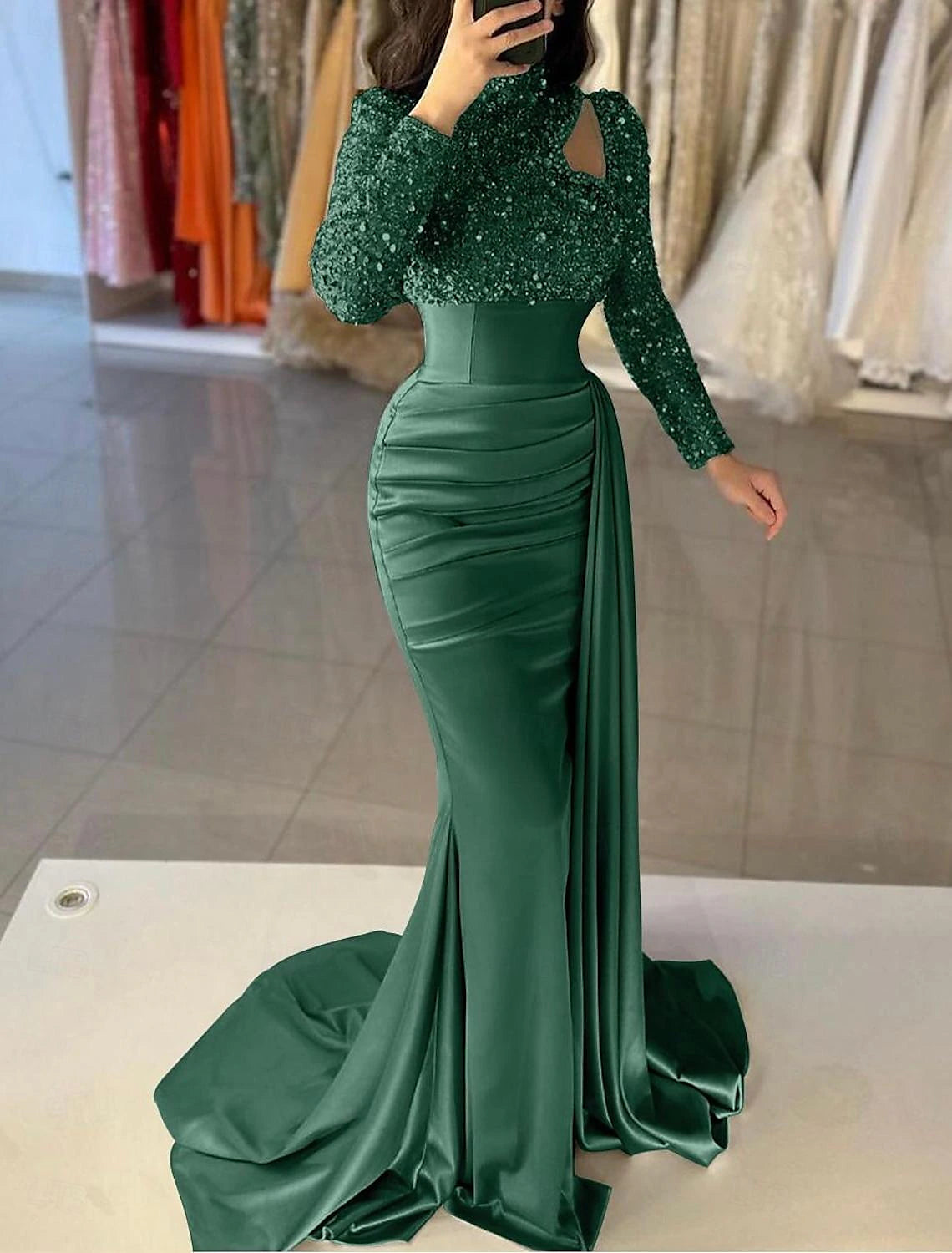 Wholesa Mermaid / Trumpet Evening Gown Elegant Dress Formal Sweep / Brush Train Long Sleeve High Neck Satin with Pearls Sequin