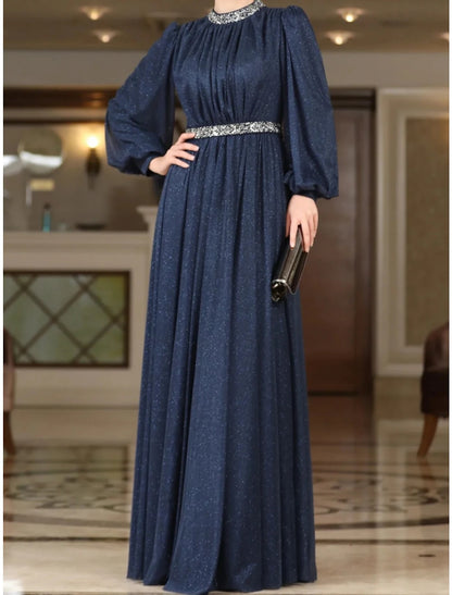 Wholesa  A-Line Evening Gown Elegant Dress Formal Floor Length Long Sleeve Jewel Neck Lurex Fabric with Rhinestone Pleats