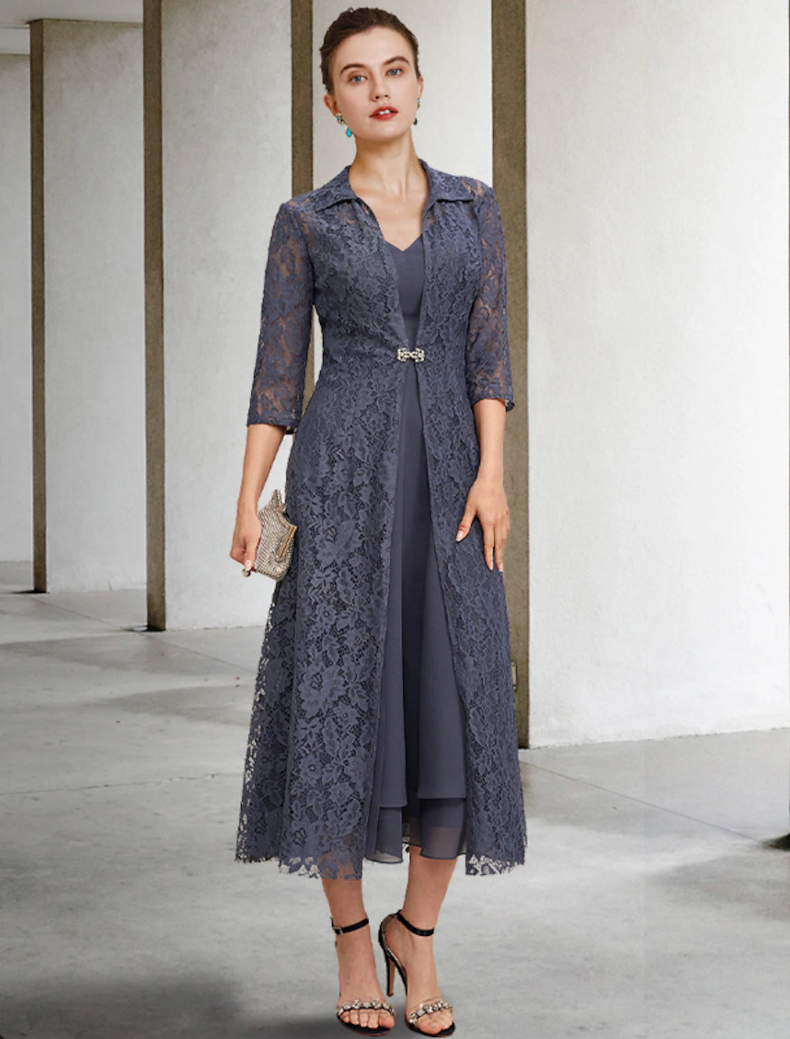 Wholesa  A-Line Mother of the Bride Dress Elegant V Neck Tea Length Chiffon Lace Sleeveless Jacket Dresses with Tier Solid Color