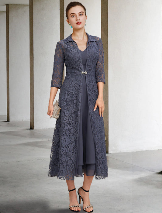 Wholesa  A-Line Mother of the Bride Dress Elegant V Neck Tea Length Chiffon Lace Sleeveless Jacket Dresses with Tier Solid Color