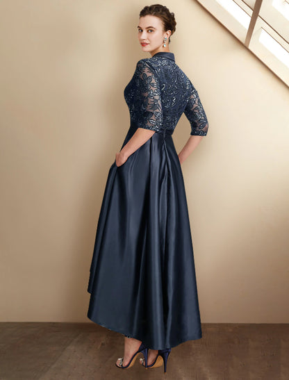 Wholesa  A-Line Mother of the Bride Dress Plus Size Elegant High Low Shirt Collar Asymmetrical Tea Length Satin Lace Half Sleeve with Pleats Sequin Appliques