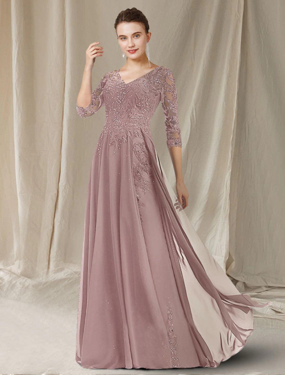 wholesale A-Line Mother of the Bride Dress Elegant V Neck Floor Length Chiffon Lace Sequined Half Sleeve with Sequin Appliques