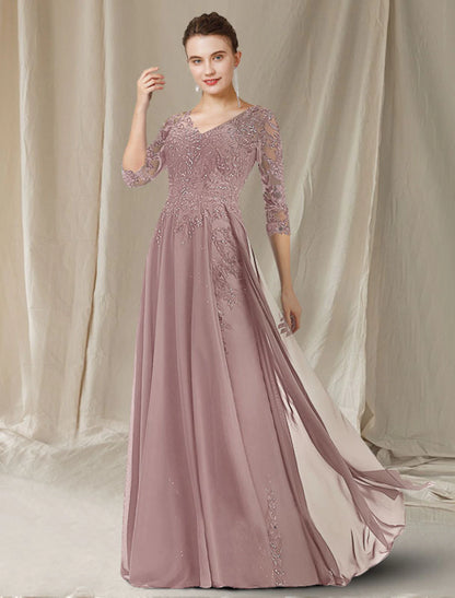 wholesale A-Line Mother of the Bride Dress Elegant V Neck Floor Length Chiffon Lace Sequined Half Sleeve with Sequin Appliques