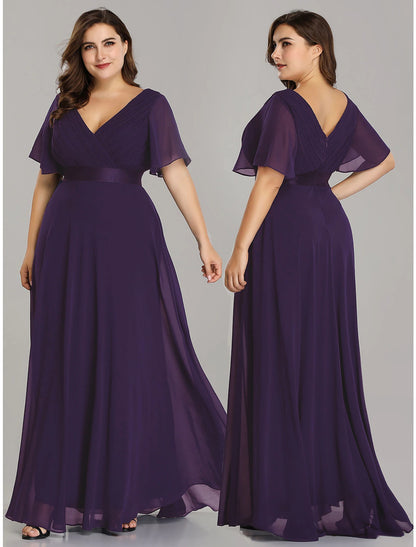 Wholesale A-Line Empire Fall Wedding Guest Dress For Bridesmaid Plus Size Formal Evening Dress V Neck Short Sleeve Floor Length Chiffon with Pleats Ruched