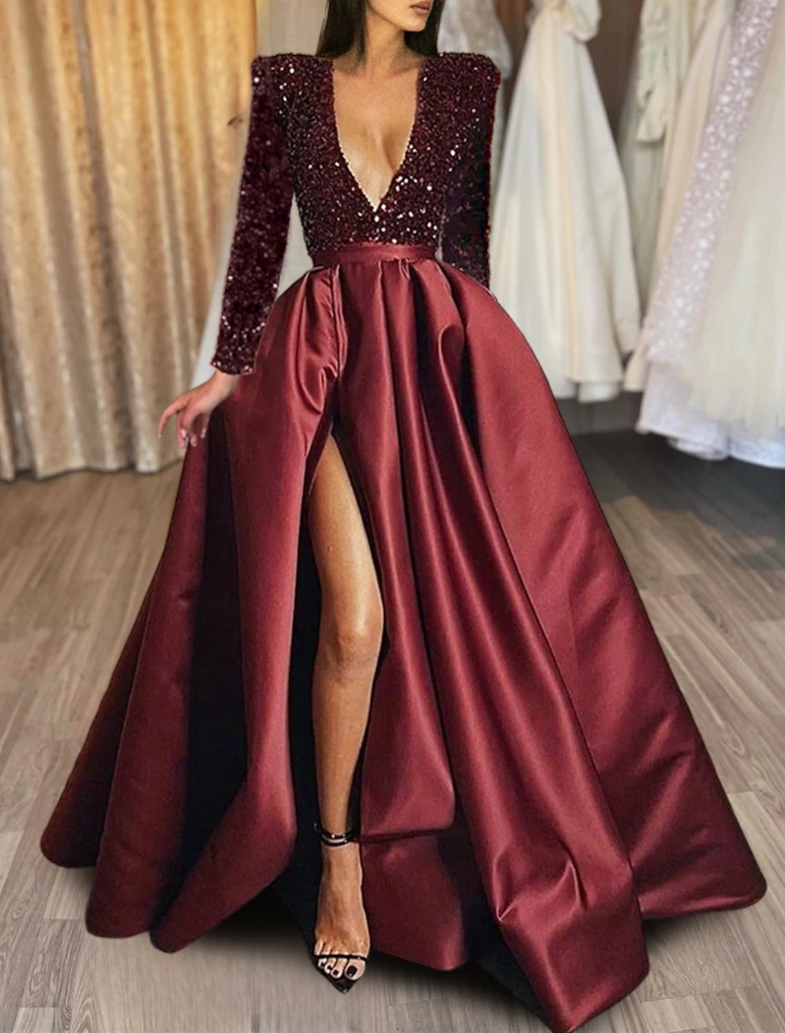 Wholesa A-Line Evening Gown Red Green Dress Formal Black Dress Plus Size Wedding Court Train Half Sleeve V Neck Satin with Sequin Slit