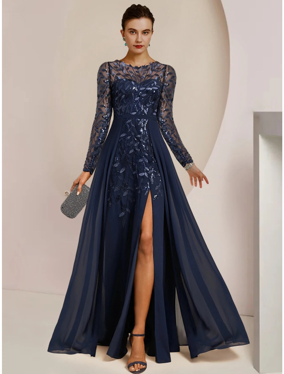 Wholesa A-Line Mother of the Bride Dress Wedding Guest Elegant Jewel Neck Floor Length Chiffon Lace Sequined Long Sleeve with Split Front Ruching Solid Color