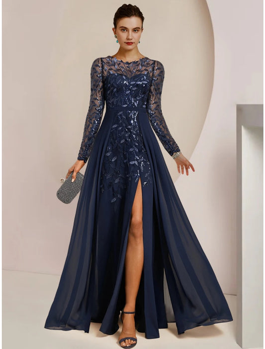 Wholesa A-Line Mother of the Bride Dress Wedding Guest Elegant Jewel Neck Floor Length Chiffon Lace Sequined Long Sleeve with Split Front Ruching Solid Color