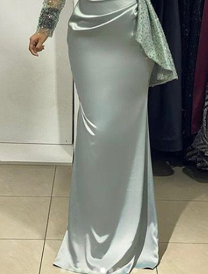 Wholesa Mermaid / Trumpet Evening Gown Sparkle & Shine Dress Formal Wedding Guest Floor Length Long Sleeve V Neck Fall Wedding Guest Charmeuse with Ruched Pearls