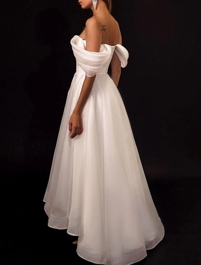 Wholesa Reception Little White Dresses Wedding Dresses A-Line Off Shoulder Cap Sleeve Asymmetrical Organza Bridal Gowns With Solid Color