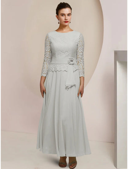 Wholesa A-Line Mother of the Bride Dress Wedding Guest Elegant Jewel Neck Ankle Length Chiffon Long Sleeve with Lace Pleats Appliques