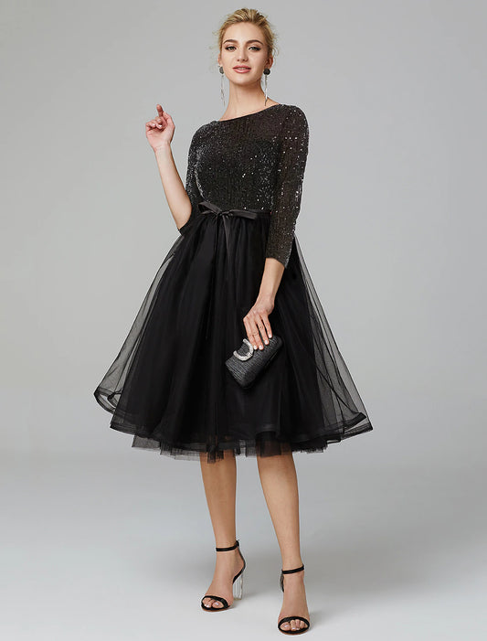 Wholesale A-Line Cocktail Dresses Sparkle & Shine Dress Formal Tea Length 3/4 Length Sleeve Jewel Neck Fall Wedding Guest Tulle with Sequin Strappy