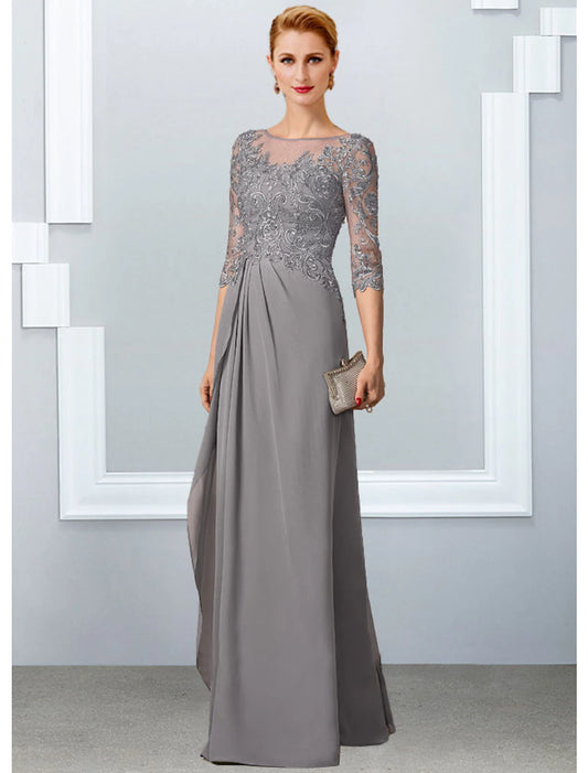 Wholesa A-Line Mother of the Bride Dress Elegant Jewel Neck Floor Length Chiffon Lace Half Sleeve with Appliques