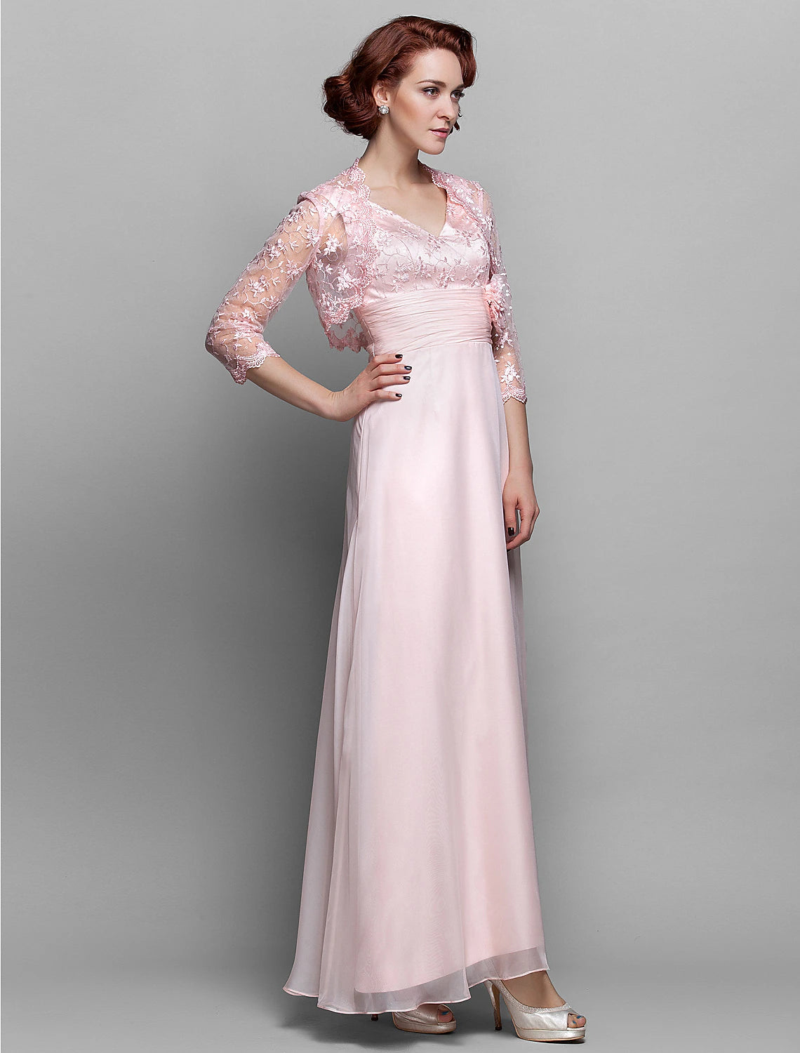 wholesale Sheath / Column Mother of the Bride Dress V Neck Ankle Length Chiffon Lace 3/4 Length Sleeve with Bow(s) Ruched