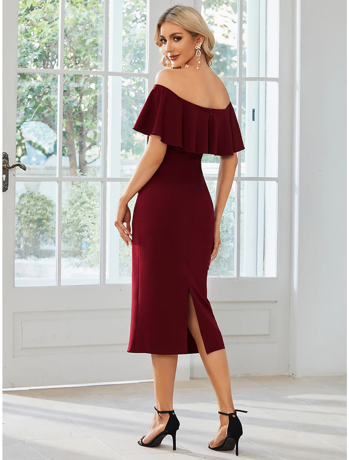 Wholesale Sheath / Column Wedding Guest Dresses Minimalist Dress Party Wear Tea Length Short Sleeve Off Shoulder Stretch Fabric with Slit Pure Color