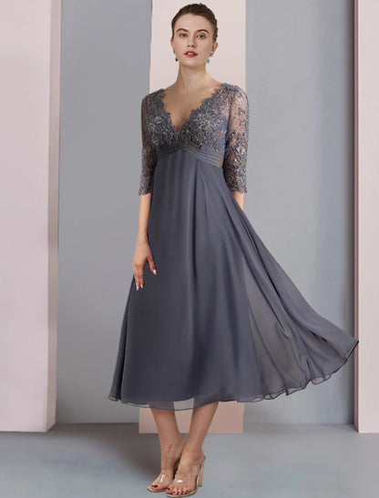 Wholesa A-Line Mother of the Bride Dress Formal Wedding Guest Vintage Elegant V Neck Tea Length Chiffon Lace Half Sleeve with Beading Sequin Appliques