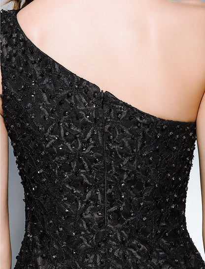 Wholesa Sheath / Column Sparkle & Shine Dress Holiday Cocktail Party Court Train Sleeveless One Shoulder Lace with Beading