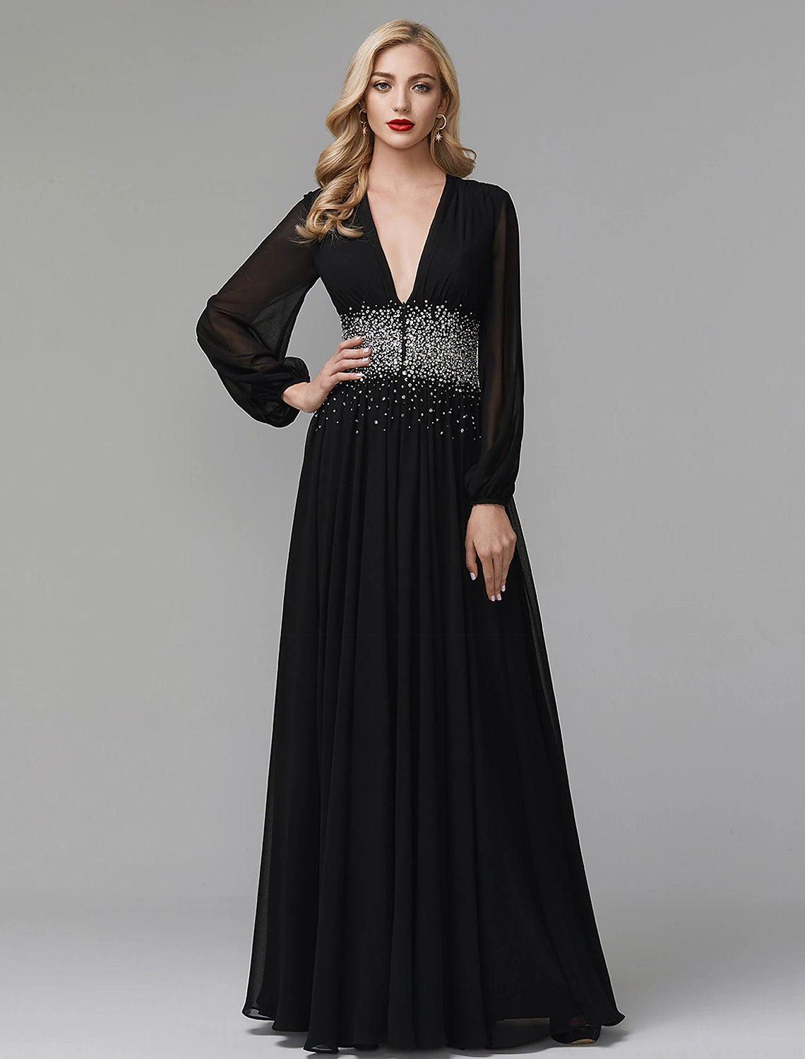 Wholesale A-Line Evening Dress Celebrity Red Carpet Formal Gown Black Tie Wedding Guest Floor Length Long Sleeve V Neck Chiffon with Sequin