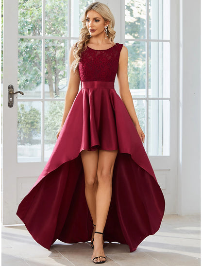 wholesale   A-Line Wedding Guest Dresses Casual Dress Party Wear Asymmetrical Sleeveless Jewel Neck Satin with Pure Color